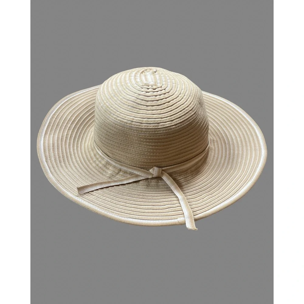 San Diego Hat Co Tan White Striped Grosgrain Wide Brim Sun Hat Packable Beach
